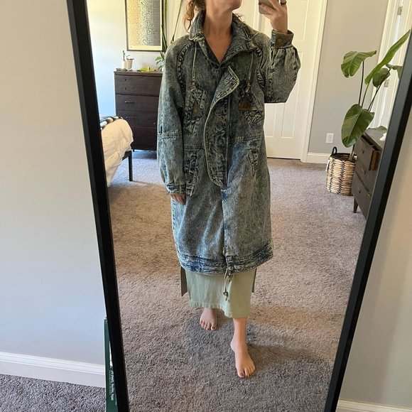 Vintage Jackets & Blazers - Vintage "Be in the Current Seen" Acid Wash Denim Oversized Trench Coat Size 22W